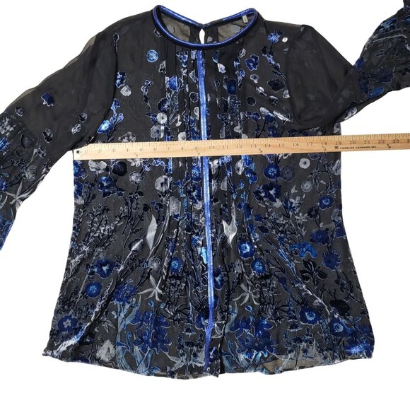 Tahari Peasant Top Womens Medium Burnout Velvet Floral Bell Flare-Sleeve Sheer - Picture 10 of 12
